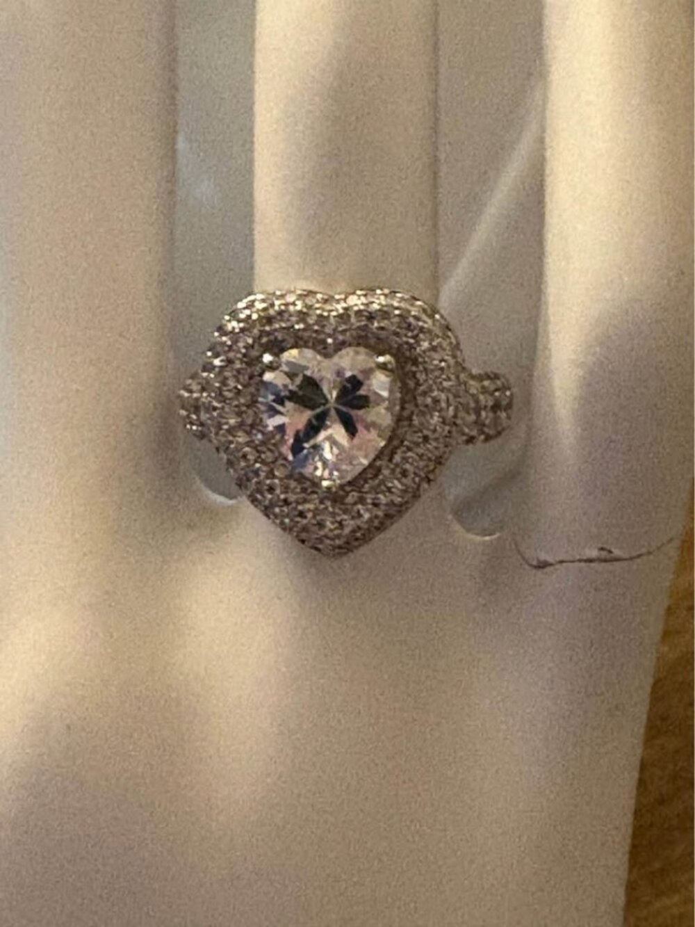 Heart Shaped Double Halo Ring Sterling 925 Size 6